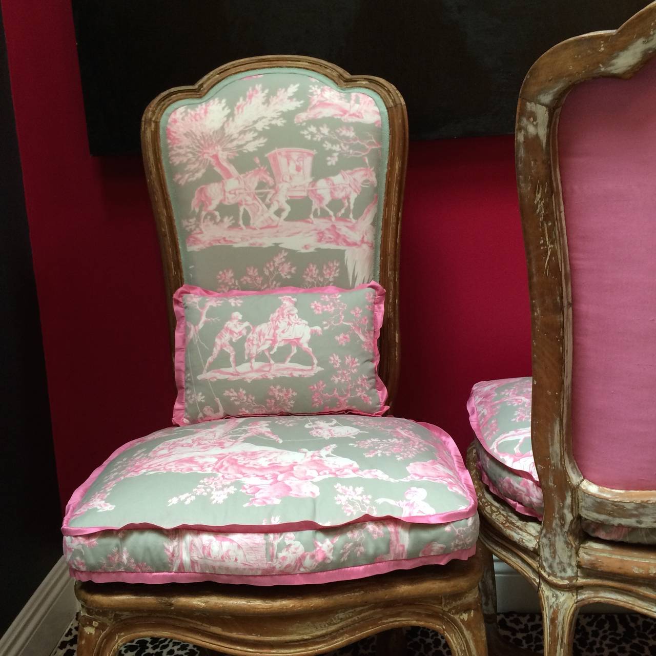 Stunning pair of French Frames from Paris - recently covered in pink toile from Manuel Canovas. Perfect side chairs or an anchor and ready for conversations.