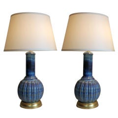 Pair Blue Ceramic Marbro with gold gilt bases