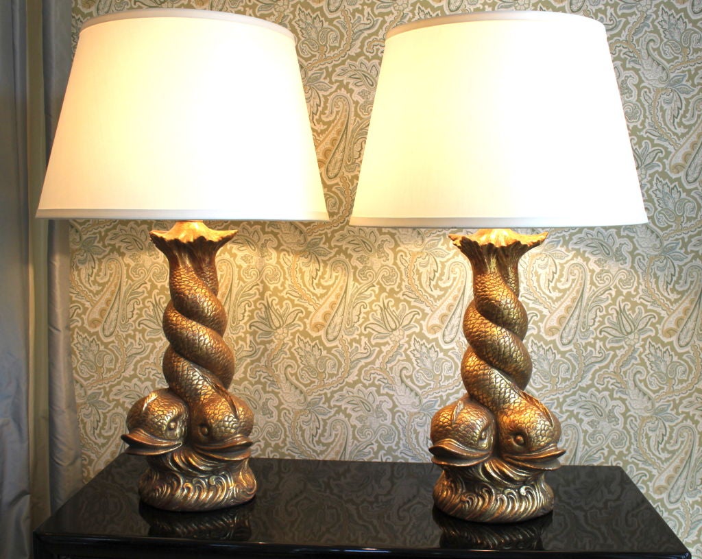 Pair of plaster Koi Fish lamps gilt in 22k Gold - adjustable double cluster socket / gold twist wire - shades sold separately
