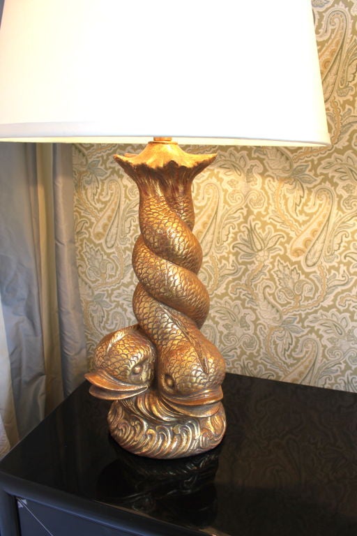 20th Century Pair koi Fish Lamps with 22k gold finish