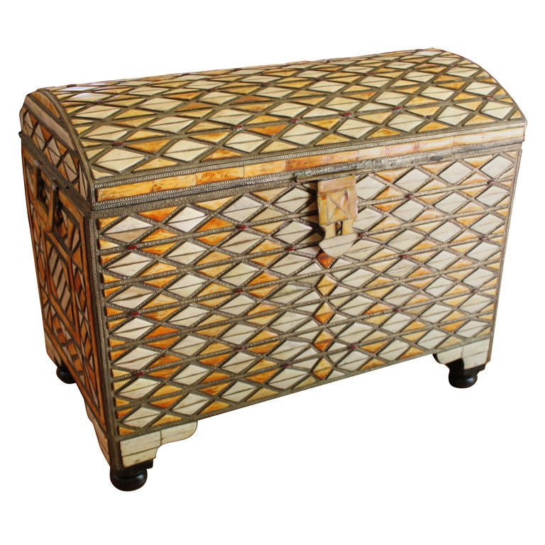 Moroccan/African Style Trunk Inlaid Bone and Semi Precious Stones