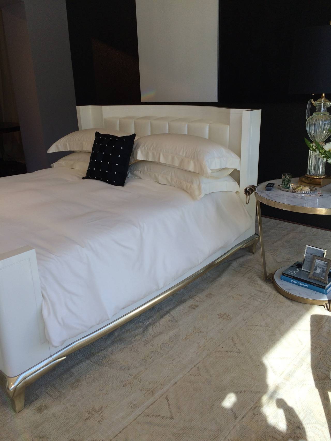 Hollywood Regency Midcentury Eastern King Bed in Lacquer over Gesso with White Gold Leaf