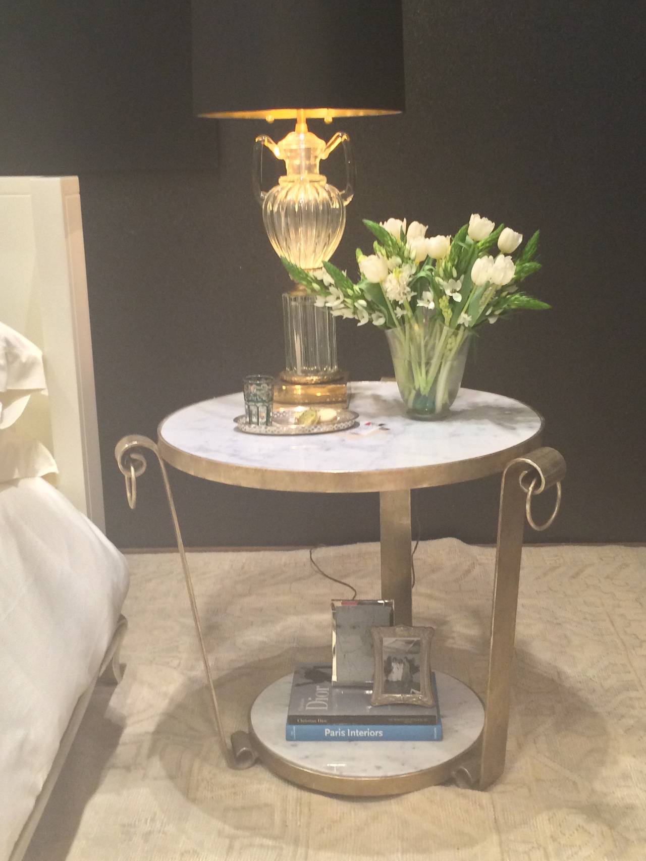 20th Century Mid-Century Wrought Iron Table in White Gold Leaf and Marble For Sale
