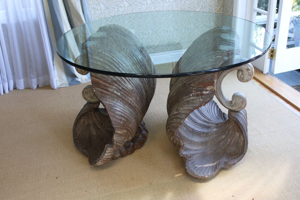 Large & beautifully aged Grotto style, sculptured wooden shell bases with aged paint patina - stunning in person... glass for this table not included - could be round, rectangular, used for dining, center table or console...