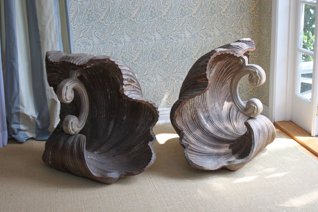 Pair of Monumental Carved Neptune Shell table bases In Excellent Condition In Los Angeles, CA