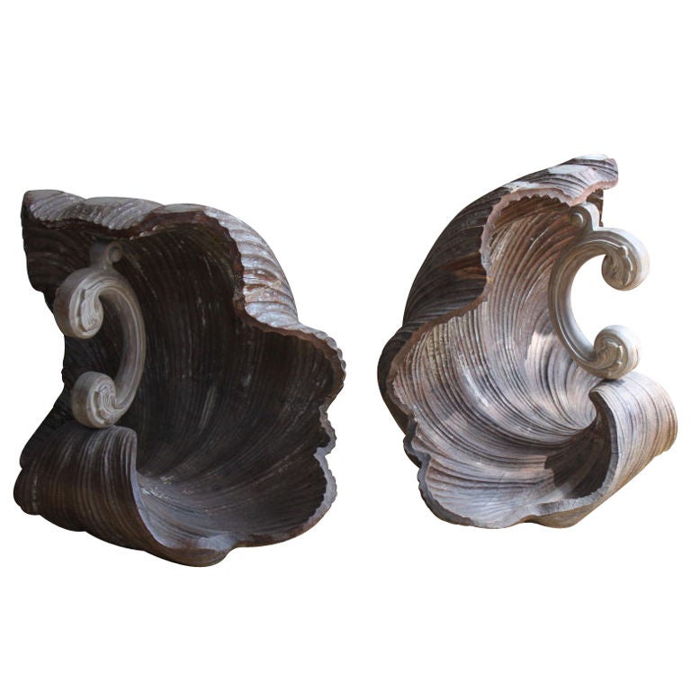 Pair of Monumental Carved Neptune Shell table bases