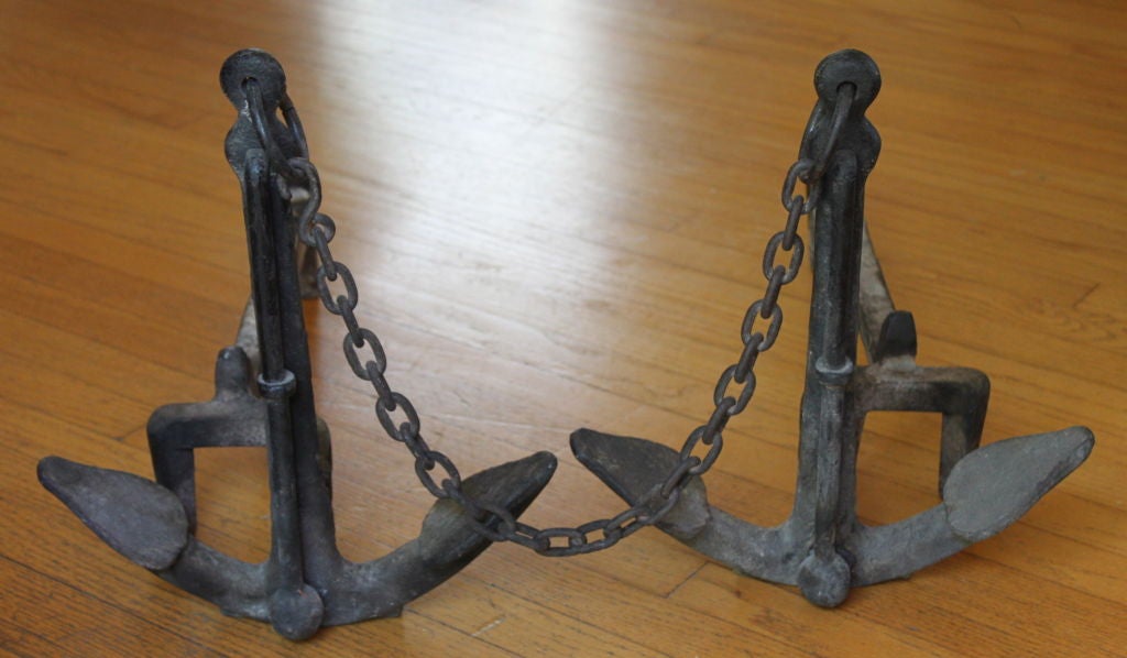 Forged Iron Anchor Andiron's with Chain Detail In Excellent Condition In Los Angeles, CA