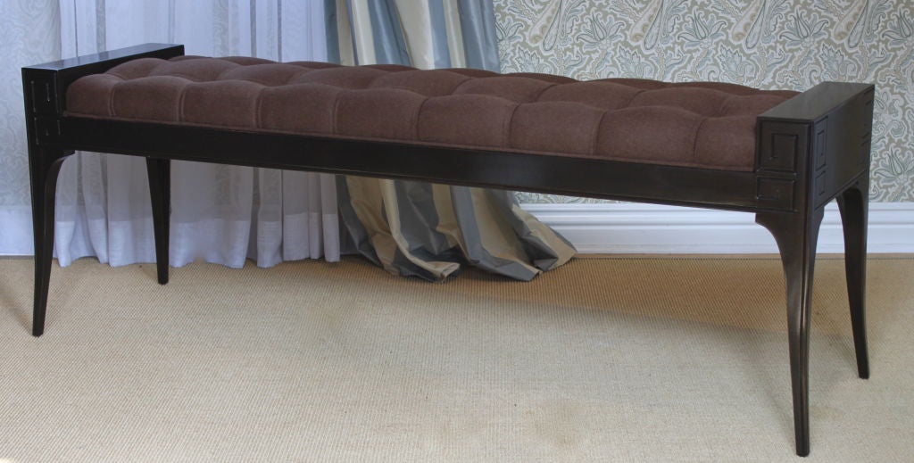 Walnut finish bench with greek key detail on corners with tapered leg - tufted upholstery in brown cashmere