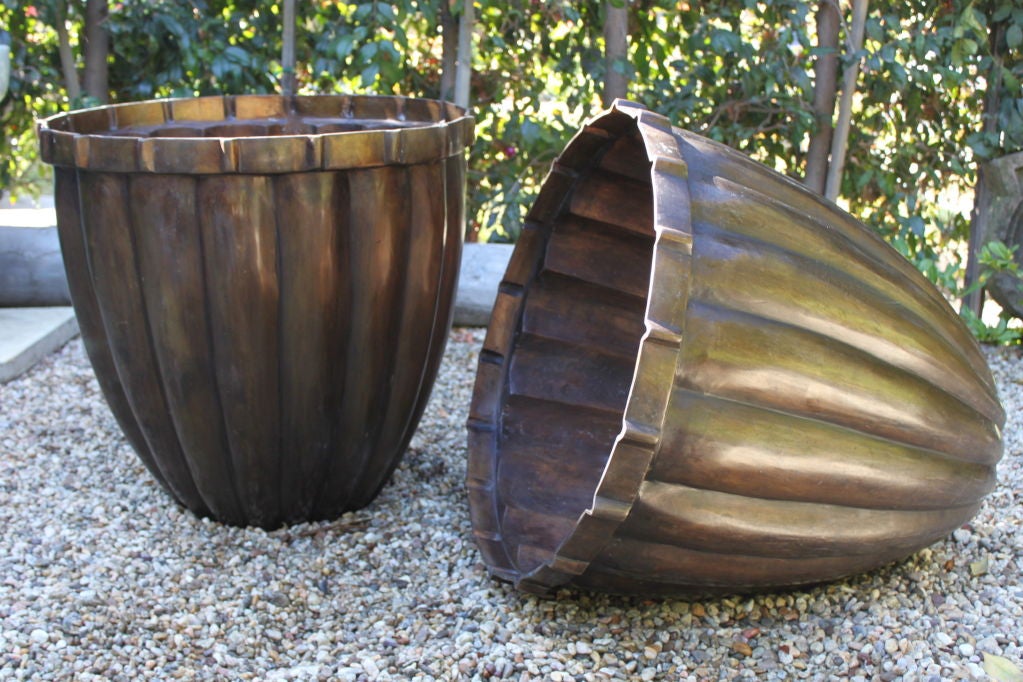 Beautifully detailed Bronze planters - each has wonderfully detailed edging and scallop body - perfect for flanking a doorway, use inside or out