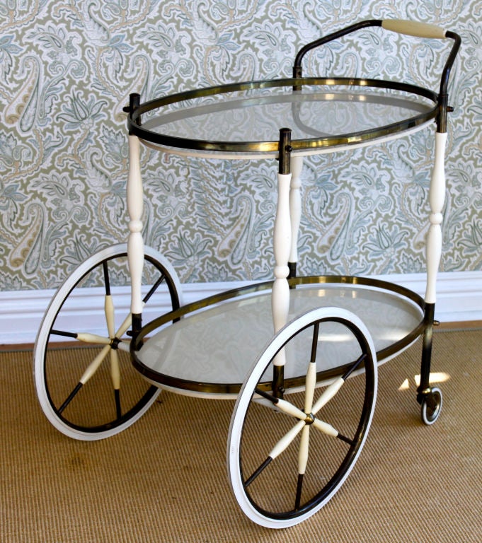 Brass Bi - Level Bar Cart w/ White lacquered wood | White Glass