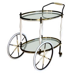 Brass Bi - Level Bar Cart w/ White lacquered wood | White Glass