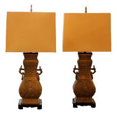 Monumental Mont Style Brass Temple Lamps linen shades