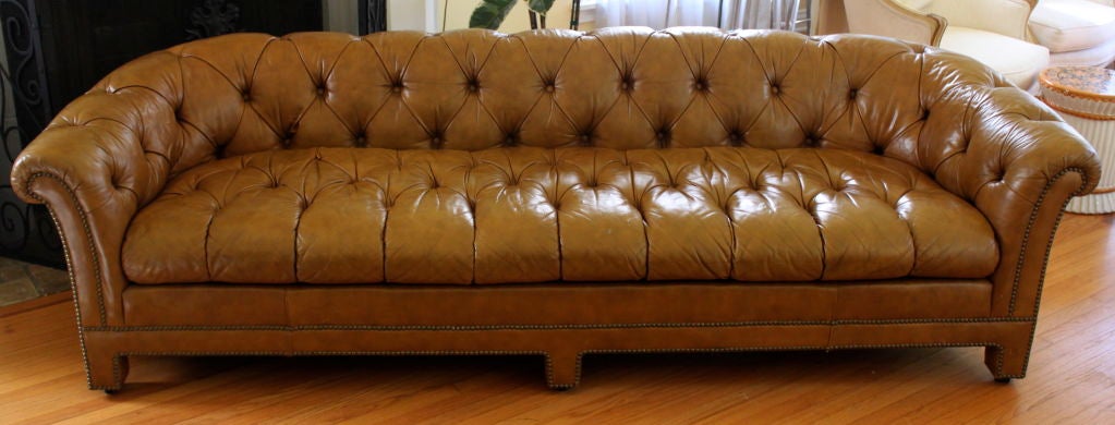 8' Chesterfield sofa - beautiful patina and wonderfully aged butterscotch leather with nail head detailing