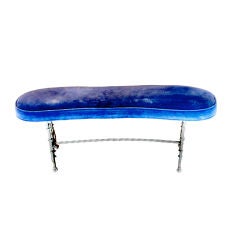 Vintage cast iron bench with blue velvet and iron base