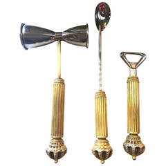 Set of Three Stunning Brass Bar Accessories with Crown Handles