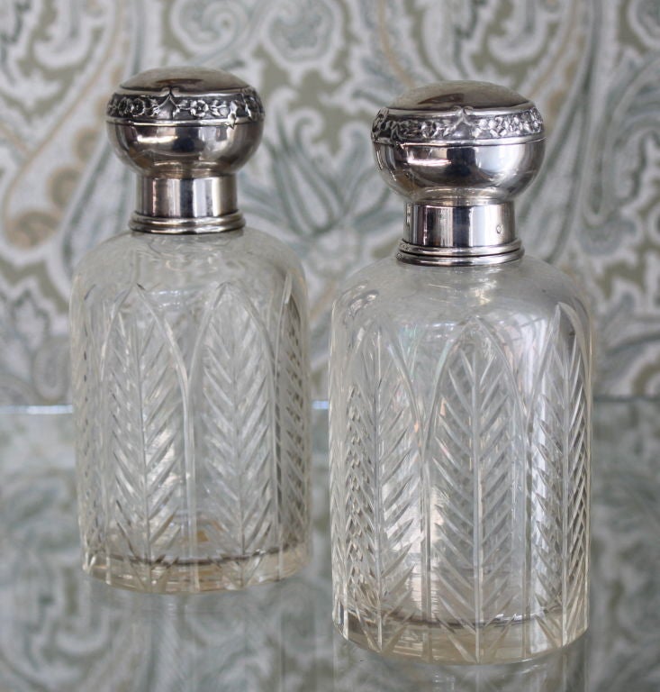 Pair of Henri LaPeyre Petite Crystal and Sterling .950 Silver Decanters, circa 1890. Measures: Height 6.5