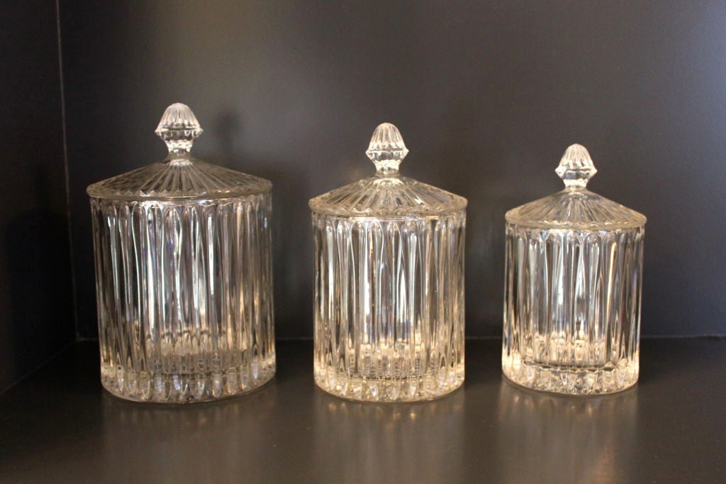 Set of Three Cut Glass Decanters- great for the bar, office or bathroom! Heights 8