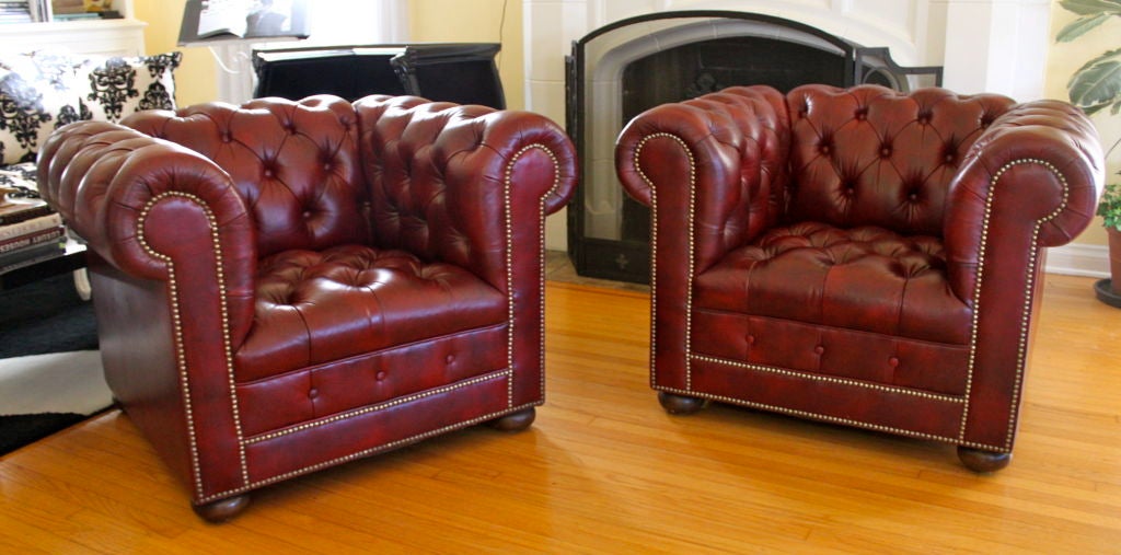 Pair of  Red Leather Chesterfield Chairs