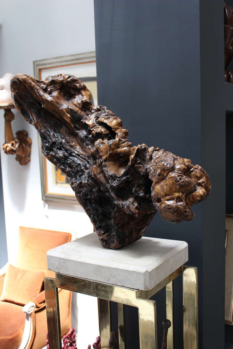 Wood Sculpture on Limestone Base In Good Condition For Sale In Los Angeles, CA