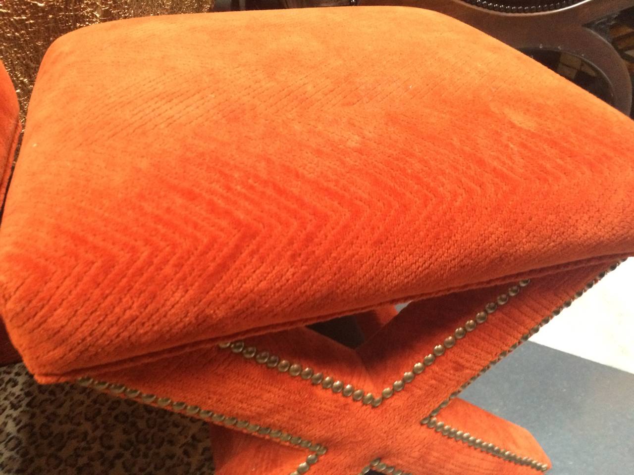 X-Legs Pair of Orange Velvet Ottomans