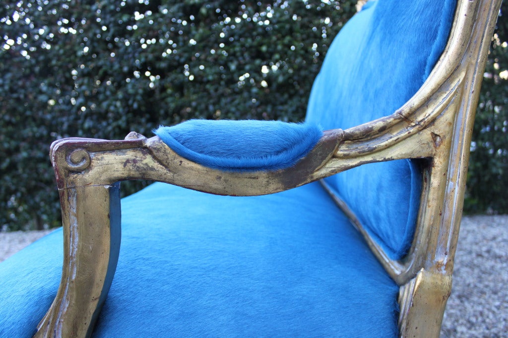 Gilded French settee in Italian blue dyed pony skin In Excellent Condition In Los Angeles, CA