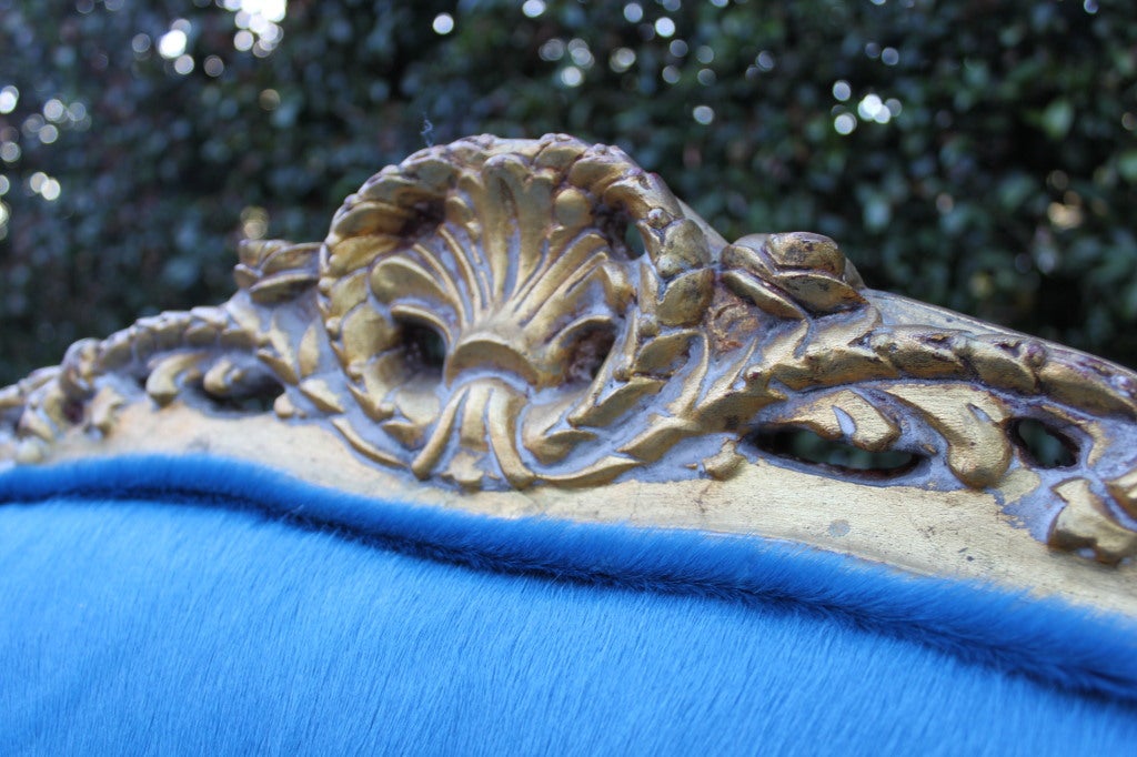 20th Century Gilded French settee in Italian blue dyed pony skin
