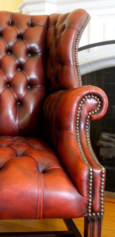 Pair of  Tufted Leather Chesterfield Wingback Armchairs In Excellent Condition In Los Angeles, CA