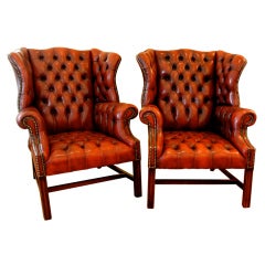 Vintage Pair of  Tufted Leather Chesterfield Wingback Armchairs