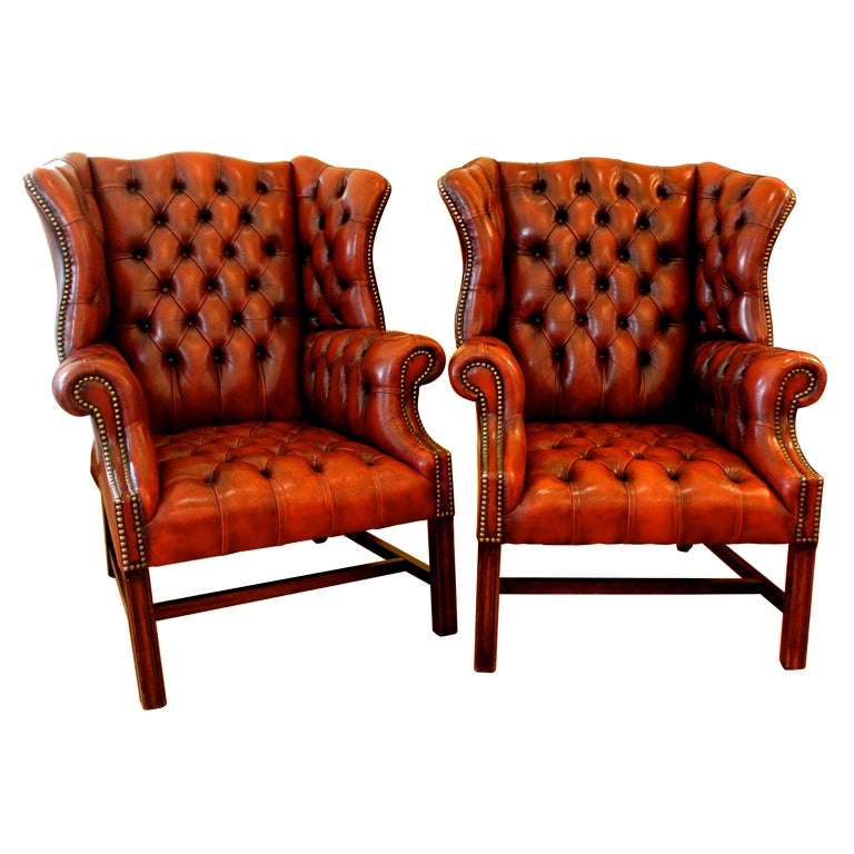 Pair of  Tufted Leather Chesterfield Wingback Armchairs