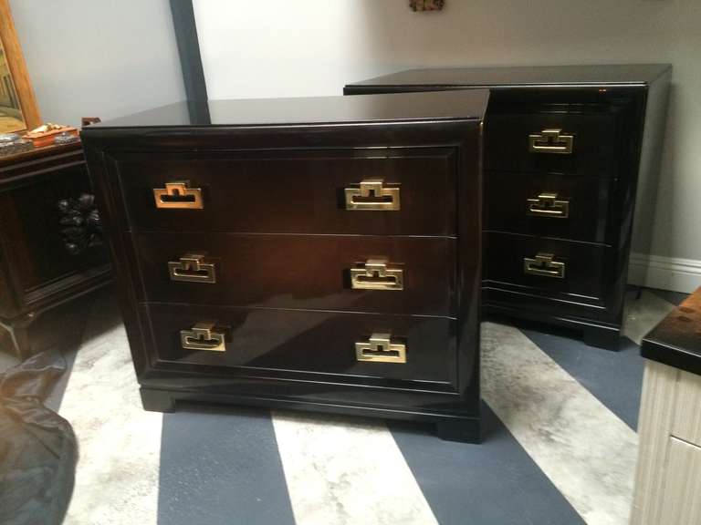 Pair of fully restored - refinished with polished brass pulls - stunning addition to any bedroom or living space.  Both dressers sport a functional sliding tray for small items, i.e. Jewelry, undergarments, ties, etc.