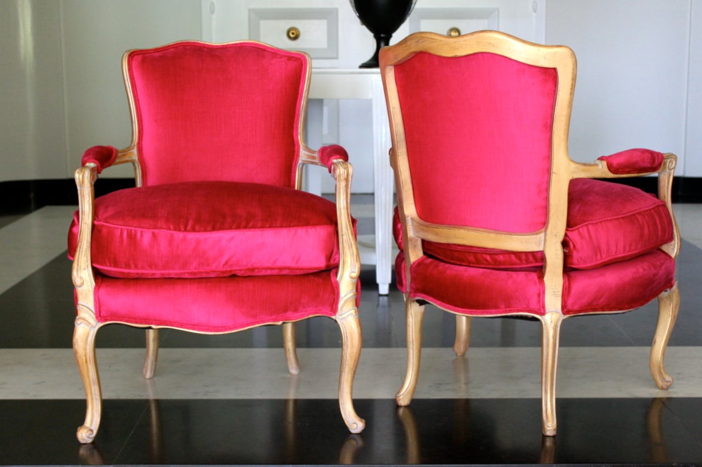 Pair of lovely W. J. Sloan gilt arm chairs in Bright Raspberry cotton velvet with all down cushions - stunning