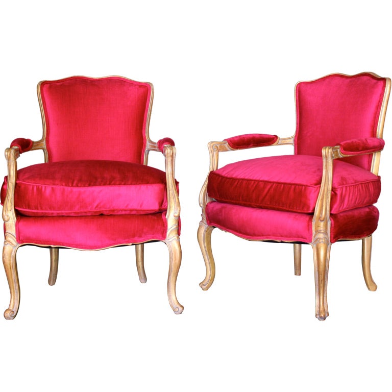 Pair of gilt W.J. Sloan chairs in Raspberry cotton velvet