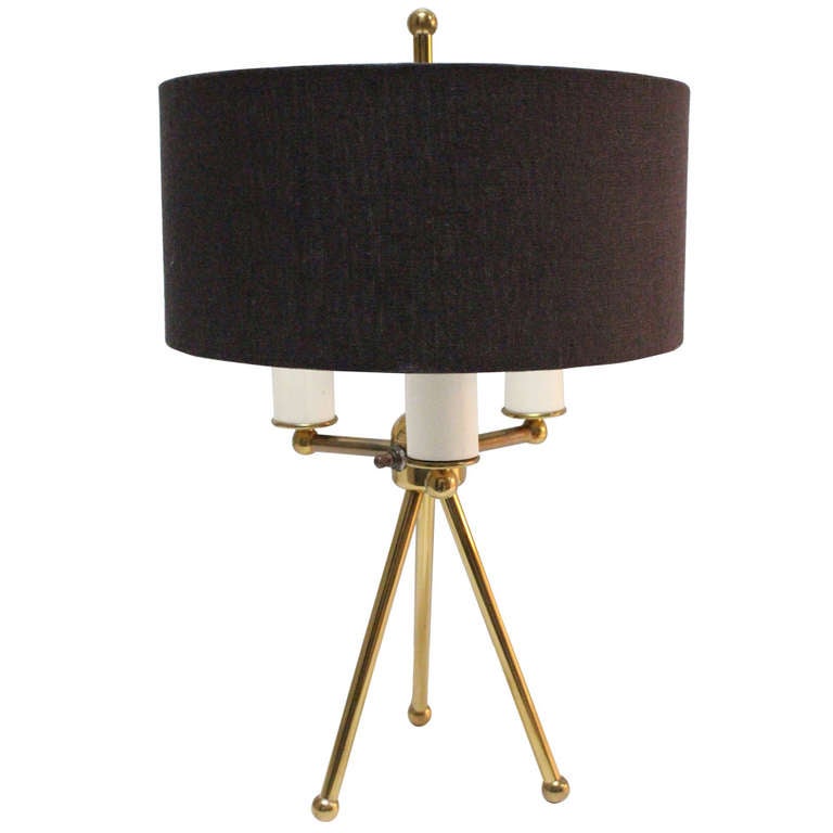 Vintage Midcentury Liteolier brass tripod table lamp with shade at 1stDibs