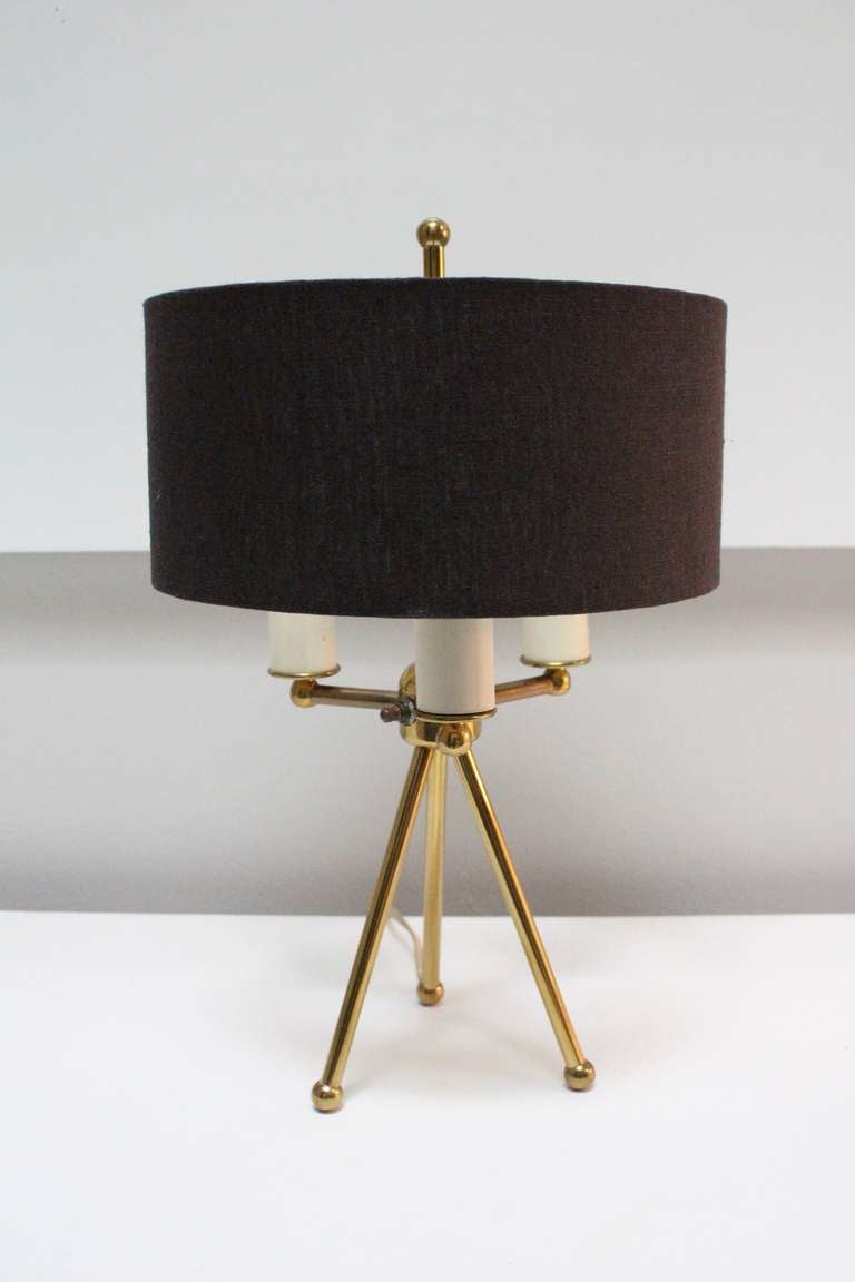Vintage Midcentury Liteolier brass tripod table lamp with shade at 1stDibs