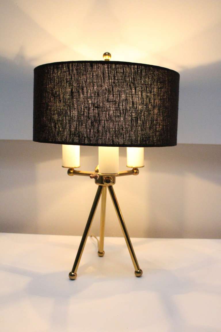 Vintage Midcentury Liteolier brass tripod table lamp with shade at 1stDibs