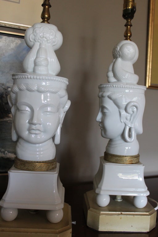 20th Century Pair of White Glass Quan Yin Table Lamps with Gold Band