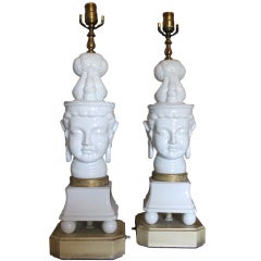 Pair of White Glass Quan Yin Table Lamps with Gold Band