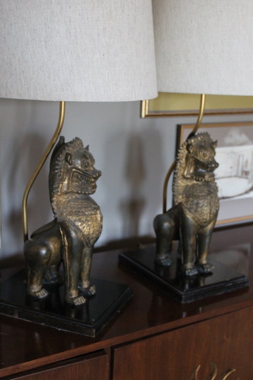 Pair of Thai Gilt Lion Lamps