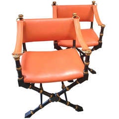 Pair of Mid Century Modern, Hermes Orange Leather, Campaign chairs