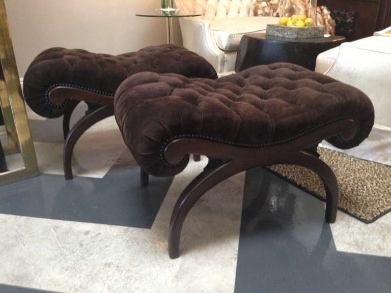Vintage Mid Century Modern pair of Suede upholstered/tufted ottomans with  curved, Walnut legs, In the manner of 
