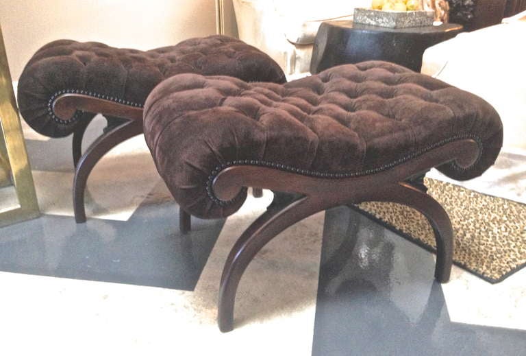 Mid Century Modern Pair of Suede, Tufted Ottomans In Excellent Condition In Los Angeles, CA