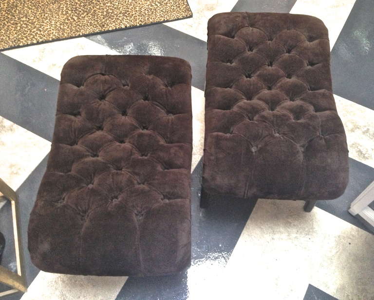 20th Century Mid Century Modern Pair of Suede, Tufted Ottomans