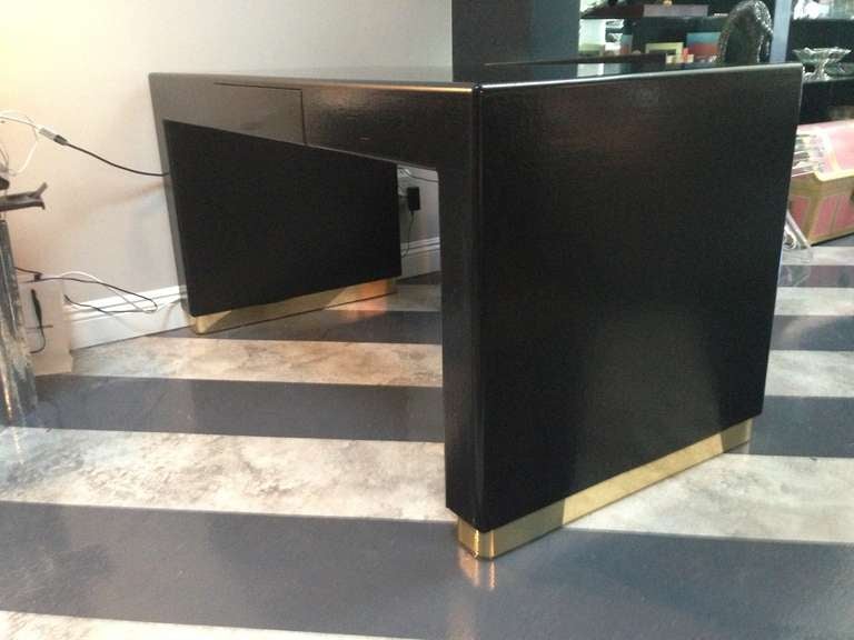 Karl Springer Partner desk - linen wrapped black lacquer In Good Condition In Los Angeles, CA