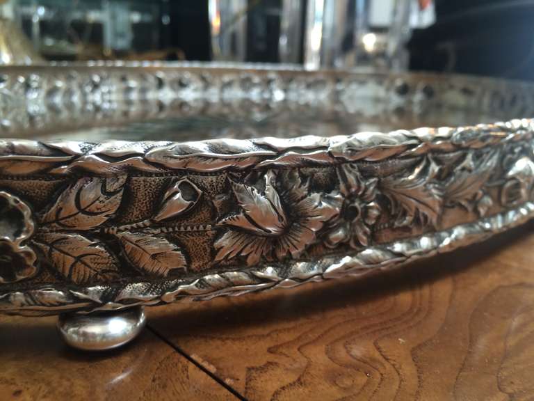 S. Kirk & Son Sterling Silver Repousse Tea Tray with Starburst Crystal Base In Excellent Condition In Los Angeles, CA
