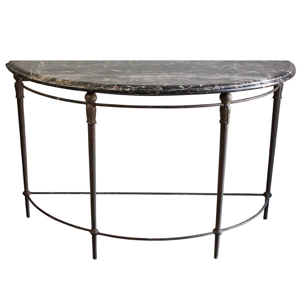 Large iron and marble demi lune console