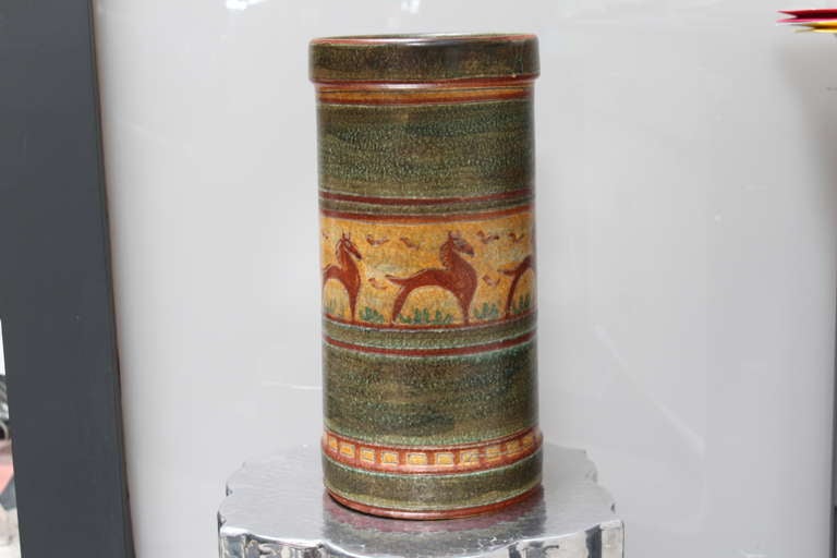 Italian Ceramic Umbrella Stand, Signed by artist. Scene is hand painted with horse motif.