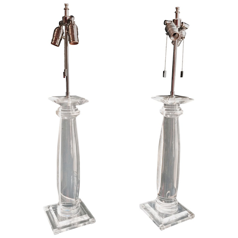 Pair of Karl Springer Lucite Column Table Lamps