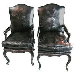 Pair of Leather Crocodile His & Hers Library Chairs