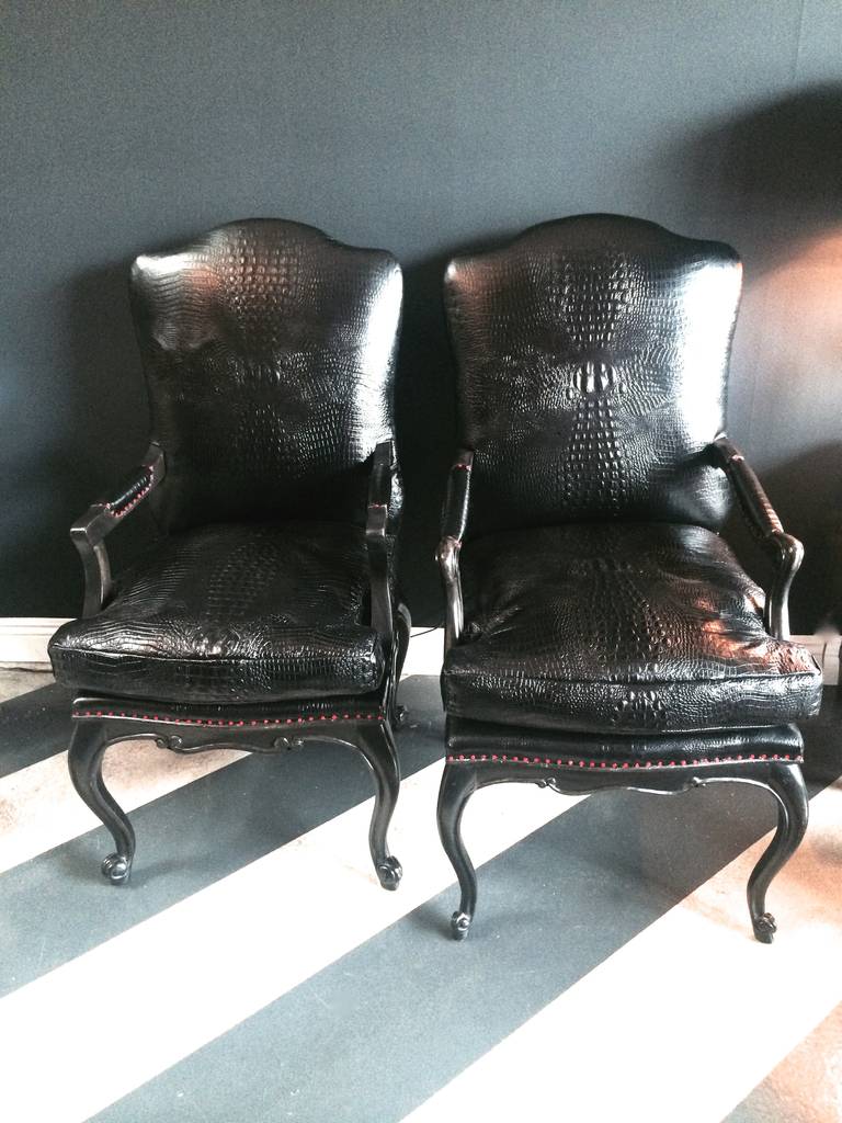 His and Hers Dark wood His & Hers Library chairs in Stamped leather Crocodile - tacks have been specially powder coated in Red - these can be changed out for black or any color your heart desires