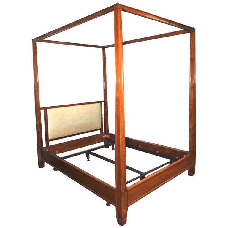 Four Poster Queen Sized Wooden Bed With Upholstered Headboard Four Poster Queen Sized Wooden Bed With Upholstered Headboard